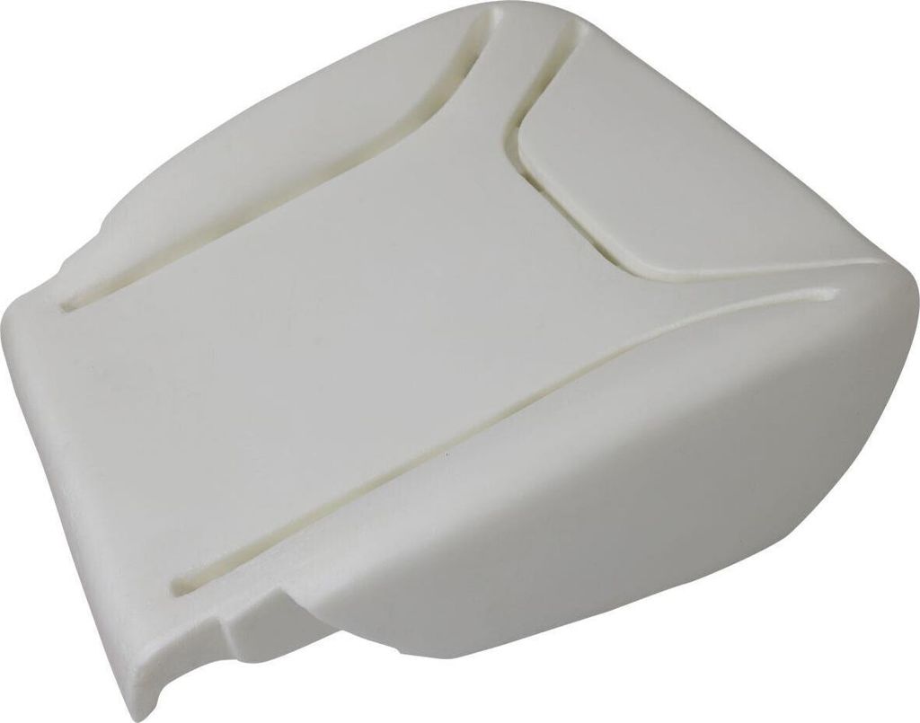 A white foam seat cushion for a vehicle.