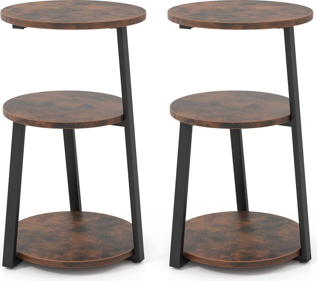 Two identical three-tiered round side tables with a rustic brown wood-look top and black metal legs are shown against a white background.