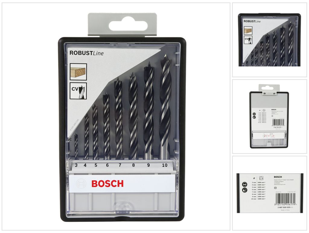 A set of drill bits for wood, packaged in a clear plastic case with a cardboard insert.