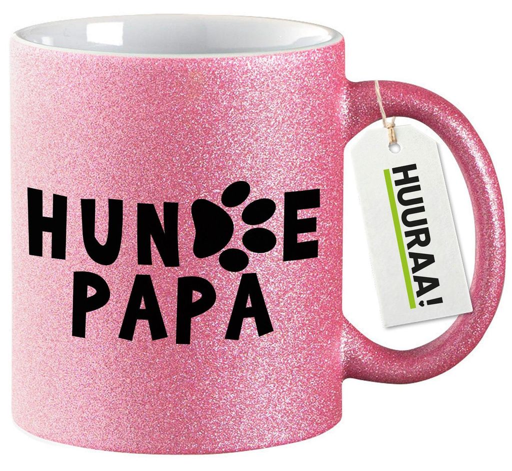 Huuraa Glitzertasse Hundepapa Tapse 330ml Pink Keramik Kaffeebecher Geschenkidee