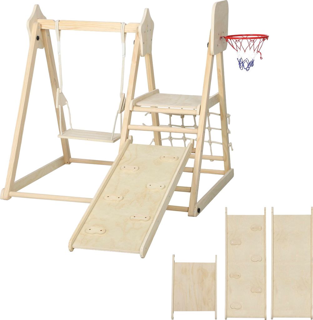 5-in-1 Indoor-Klettergerüst mit Rutsche, Schaukel, Kletternetz, Basketballkorb, klappbar, 3-6 Jahre, Naturholz