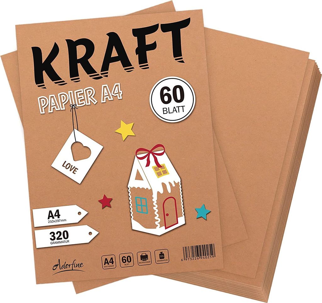 60 Blätter Kraftpapier DIN A4 Kraftkarton 320g/m² Hochwertige Qualität Naturkarton Bastelpapier zum Drucken, Kartonpapier Basteln für Vintage Hochzeit Geschenke Etiketten