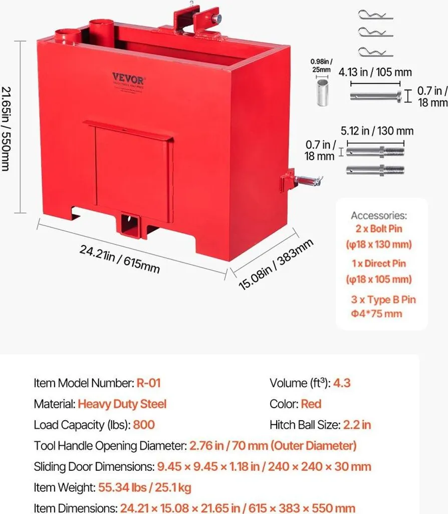 Boîtier de ballast 3 points robuste rouge pour attelage rapide Cat 1