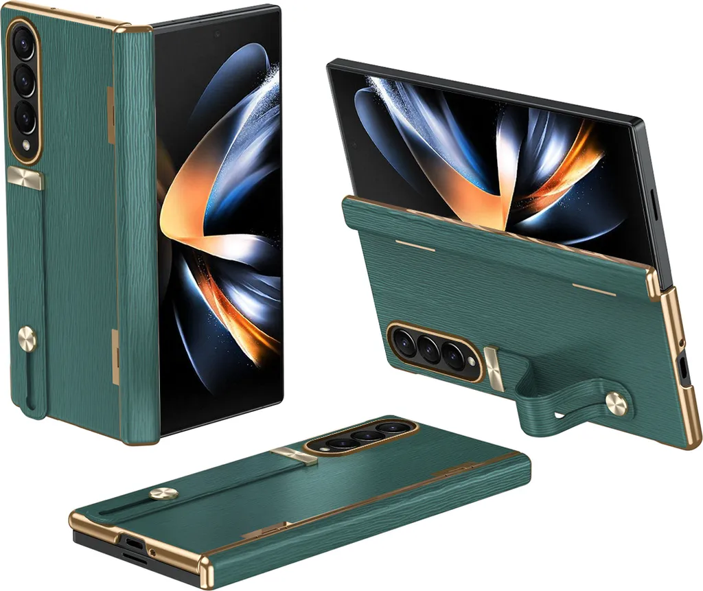 Custodia in pelle per Samsung Galaxy Z Fold 3 5G con cinturino, supporto e protezione della cerniera verde