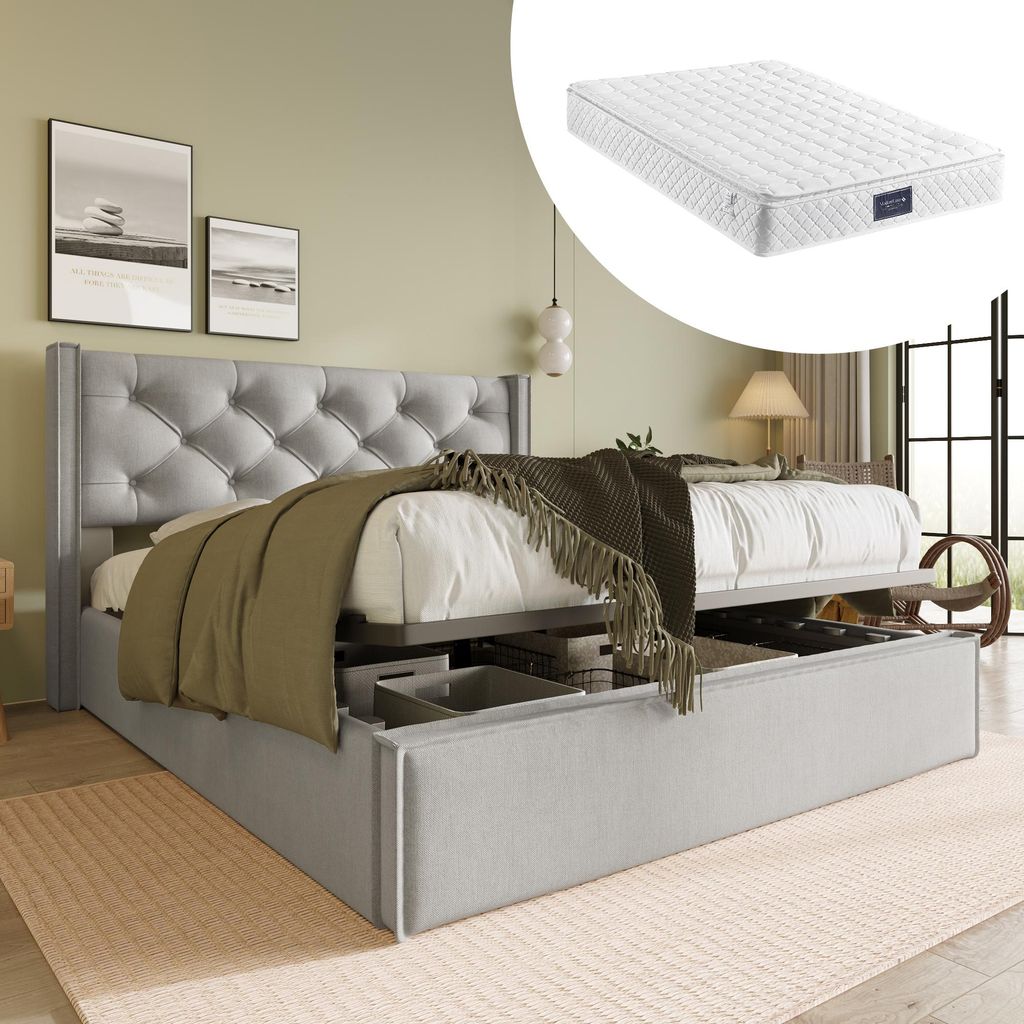 Hydraulisches Polsterbett 140x200 cm mit Stauraum und Matratze – Kompaktes Doppelbett mit Baumwollbezug, Hellgrau, ideal für kleinere Schlafzimmer