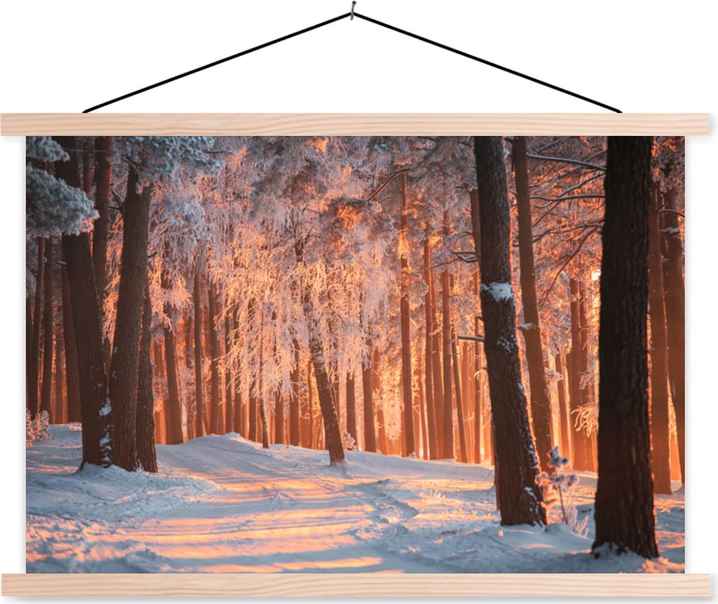 MuchoWow Textilposter Winter - Wald - Baum 120x80 cm mit holzfarbenen Rahmen - Aufhängeset