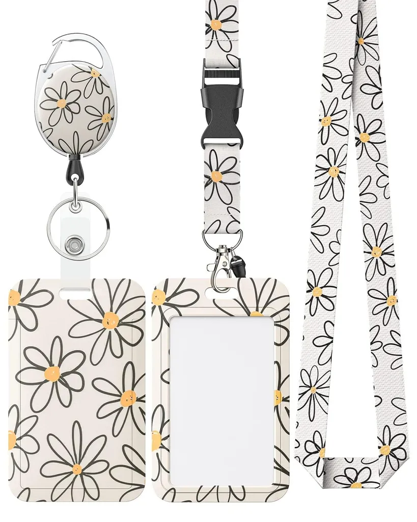 Porte-carte coulissant à motif floral avec lanière amovible et mousqueton