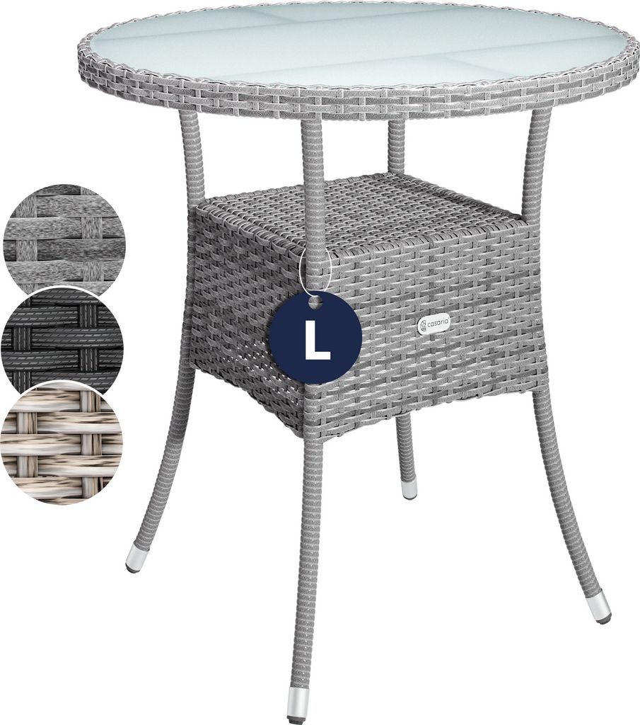 CASARIA Gartentisch Polyrattan Wetterfest Rund Klein 60cm Grau Glas Tischplatte 80kg Belastbar Outdoor Terrasse Balkon Bistro Tisch Beistelltisch