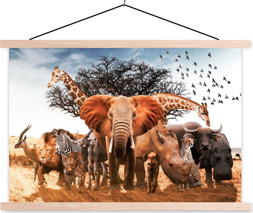 MuchoWow Textilposter Tiere - Giraffe - Elefant 120x80 cm mit holzfarbenen Rahmen - Aufhängeset
