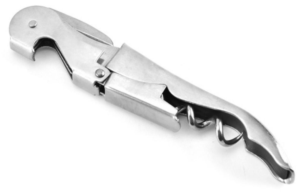 A single stainless steel corkscrew on a white background.
