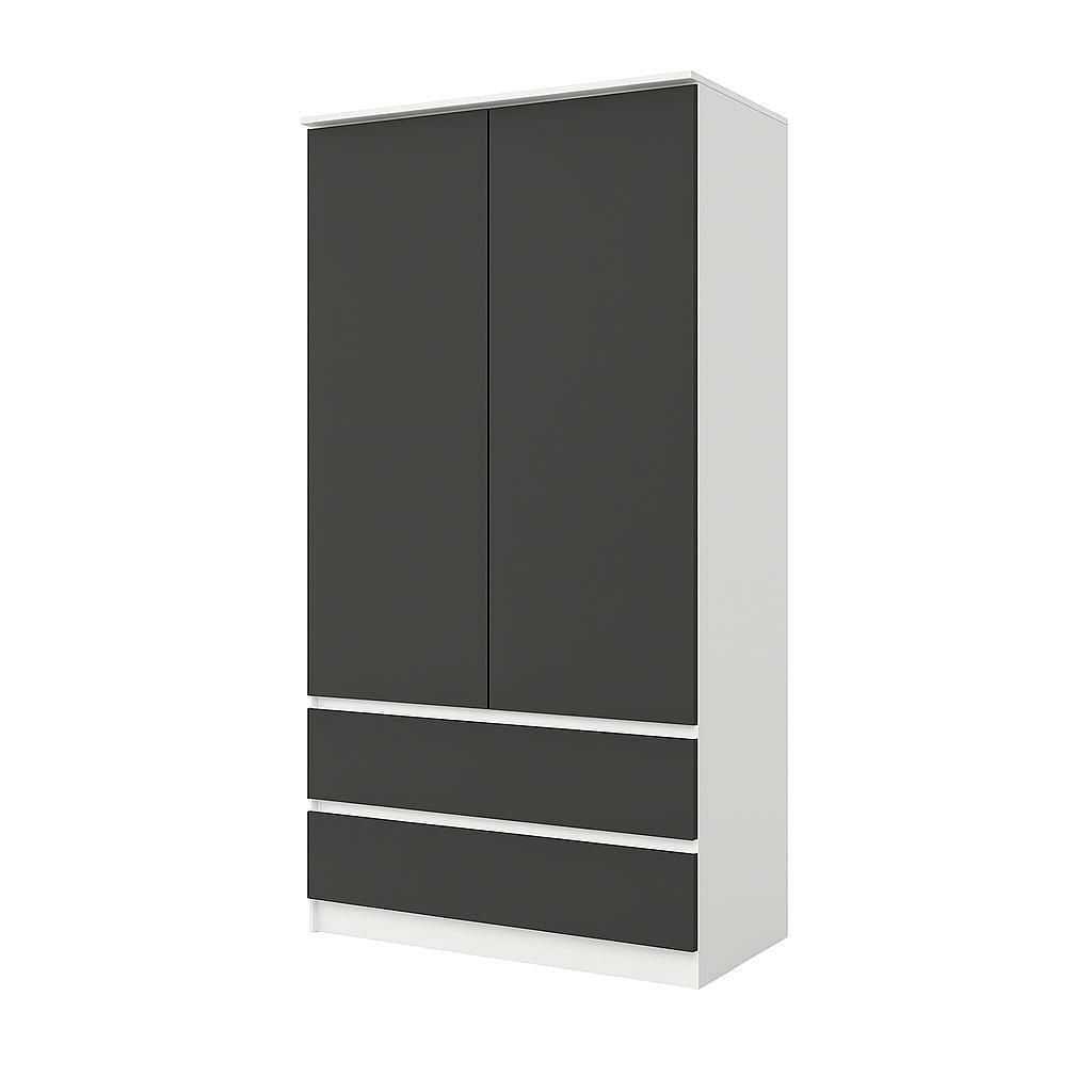 Kleiderschrank Joelle – 2-türig mit 2 Schubladen, Weiß Matt / Anthrazit, modern und geräumig H180 cm × B90 cm × T50 cm