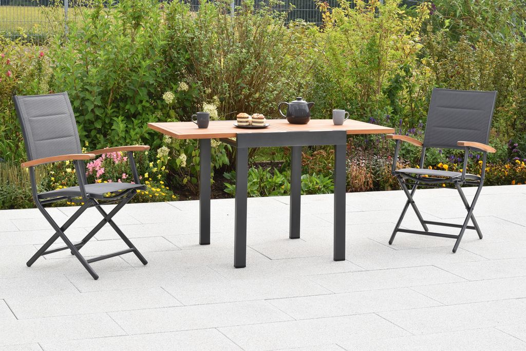 Merxx Gartenmöbel Set Paxos 3tlg., 2 Klappsessel, Balkonausziehtisch 65 (130) x 65 cm- Aluminium/Akazie/Textil