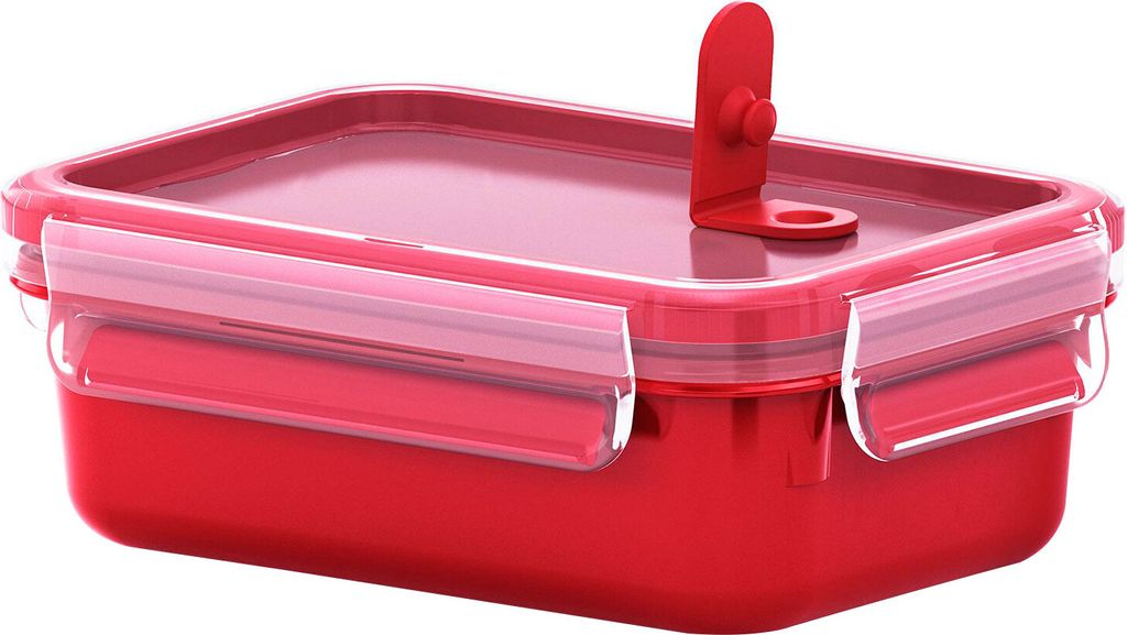 A red food storage container with a pink lid and clips, shown from a slightly elevated side angle against a white background.