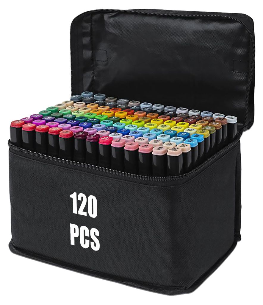 A black carrying case filled with 120 colorful marker pens.