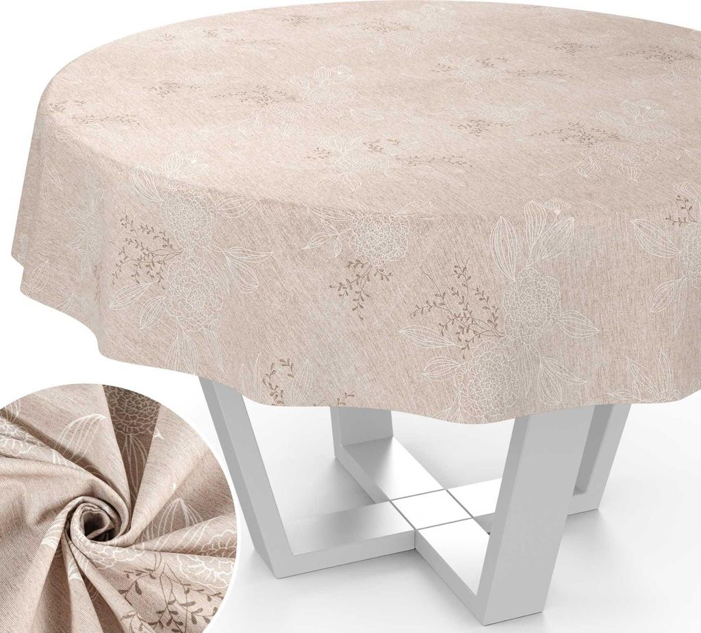 Tischdecke Hortensie aus Textil mit Blumen Pflanzen wasserabweisend Tischtuch Tischwäsche Aquarell Beige Rund 100cm mit Schnittkante