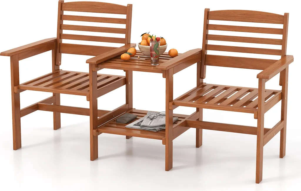 COSTWAY Ensemble de Jardin 2 Places en Bois avec Table et Trou Parasol