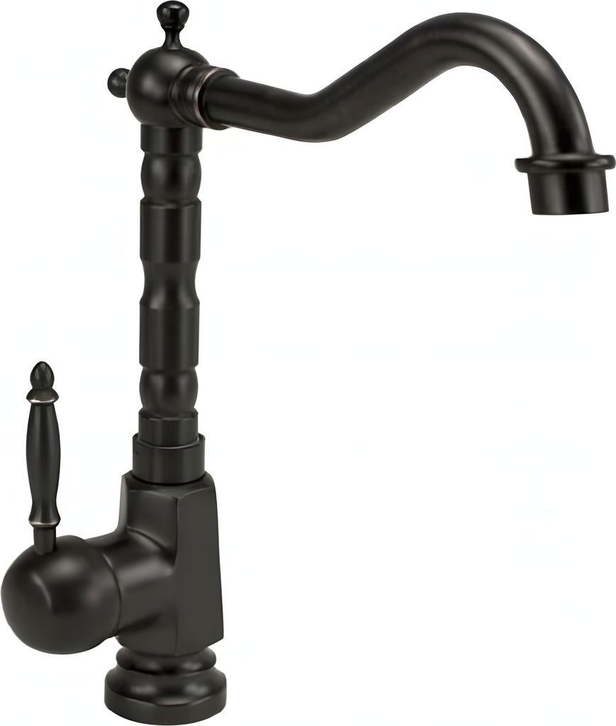 A black kitchen faucet on a white background.