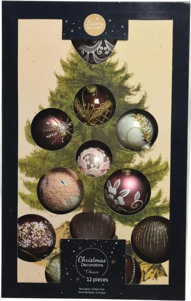 Décorations de Noël en verre : lot de 12 boules ornées rose et marron