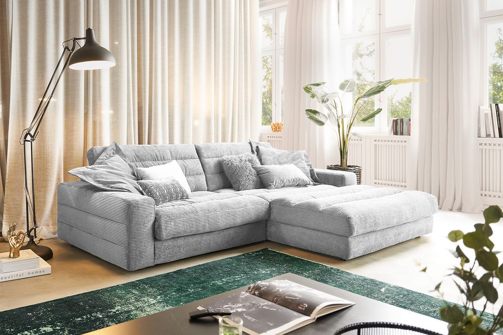 KAWOLA Sofa LANA Ecksofa Cord hellgrau Recamiere rechts