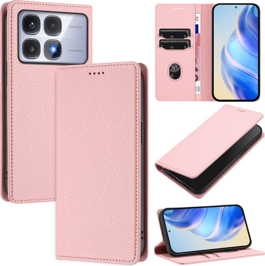 Litchi Leder Handyhülle für Xiaomi Redmi K70 Ultra Wallet Kartenfächer Standfunktion Hülle Pink