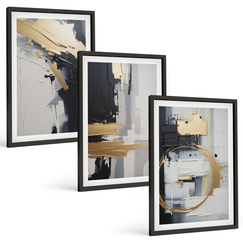 Bilder Set 3-teilig im schwarzen Rahmen – Wandbilder 3 Stück – gerahmte Poster für Wohnzimmer, Schlafzimmer und Flur – 40x60 cm – Abstrak...