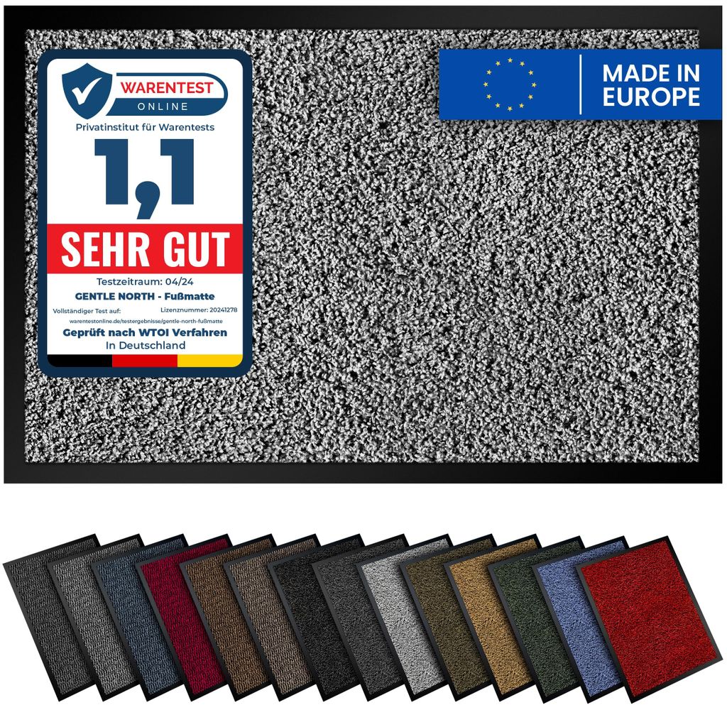 Gentle North Hochwertige Fußmatte hellgrau 60x80 groß für Innen & Außen - Schmutzfangmatte rutschfest, waschbar & wetterfest