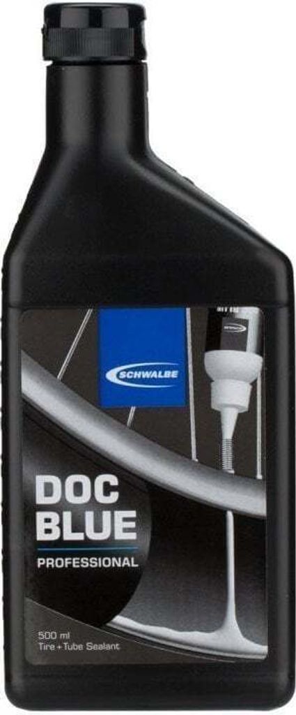 A black bottle of Schwalbe Doc Blue Professional tire sealant.