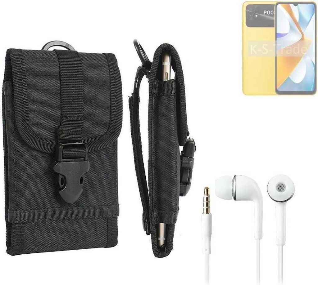 K-S-Trade Holster Schutz Hülle kompatibel mit POCO C50 Gürteltasche Handy Hülle Tasche outdoor Seitentasche schwarz 1x + Kopfhörer