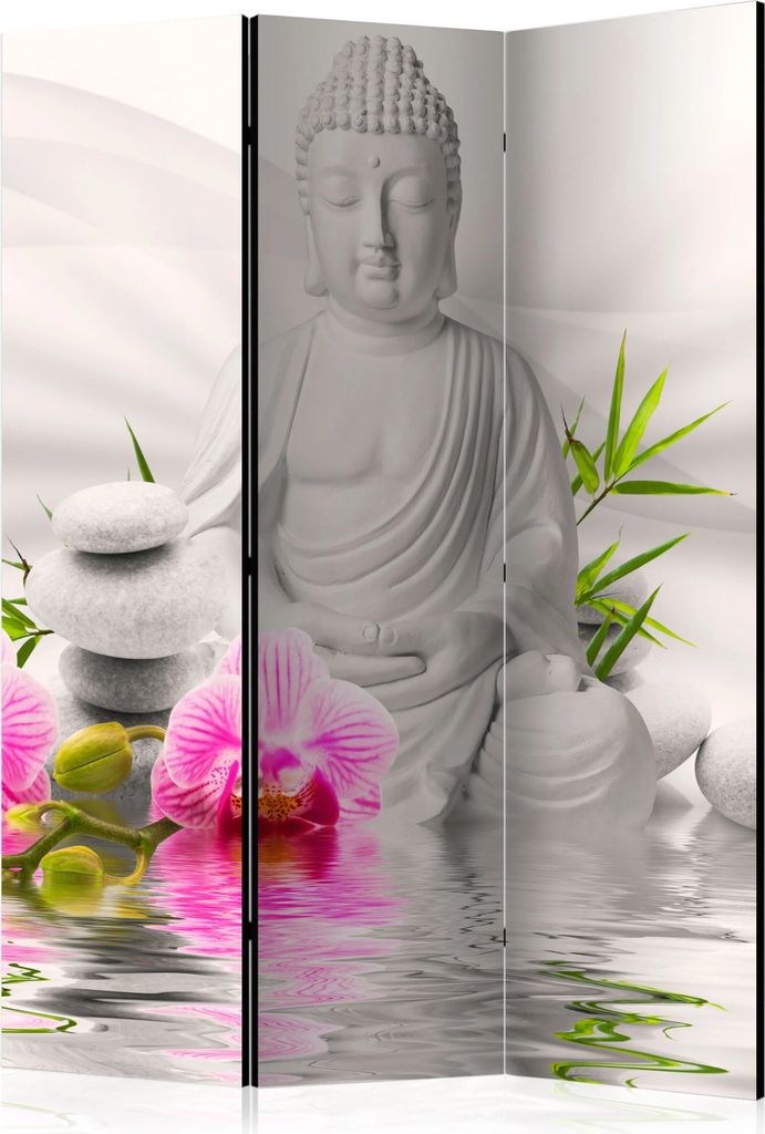 3-teiliger Doppelseitiger Vlies Paravent - Buddha and Orchids 135x172 cm Orient b-A-0011-z-b