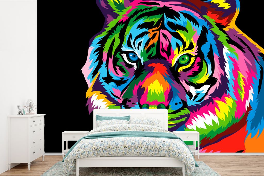 MuchoWow Fototapete für Wohnzimmer oder Schlafzimmer Wandtapete Vinyl Motivtapete Tiger - Kopf - Regenbogen - 525x350 cm - Das Hintergrundbild