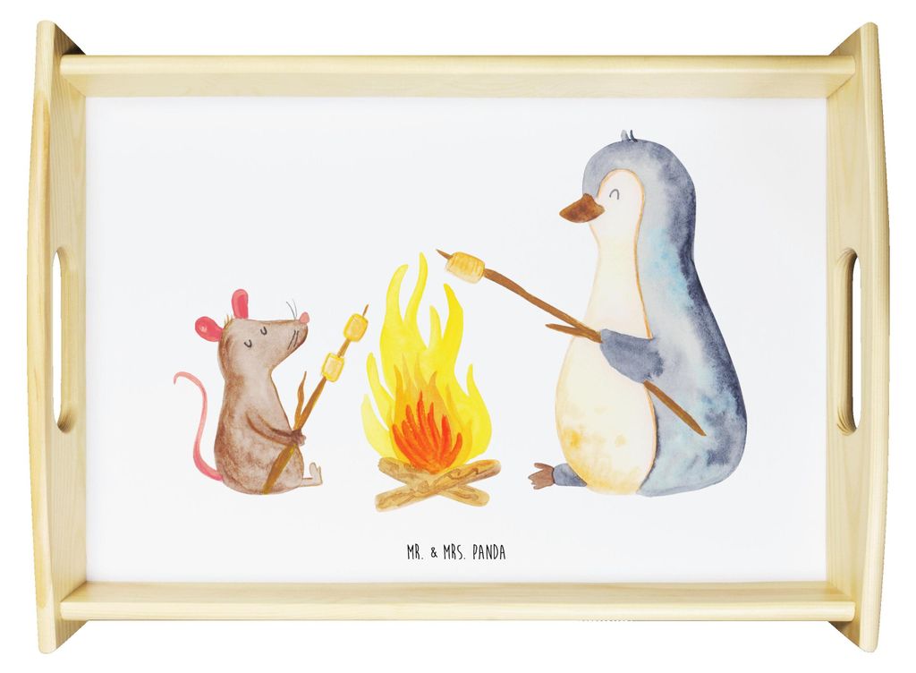 Mr. & Mrs. Panda Tablett Pinguin Lagerfeuer - Weiß - Geschenk, glücklich, Tee, Servier, Liebe, Job, Maus, Serviertablett, Sofa, für bett