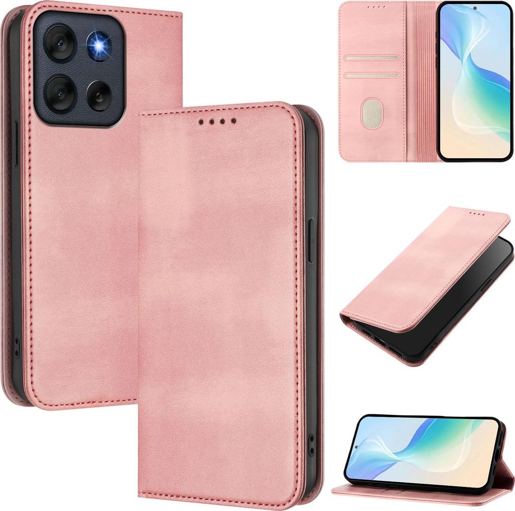 Handyhülle für Motorola Moto G56, Vintage Leder RFID Schutz Kartenfach Standfunktion Magnetische Klapphülle Pink