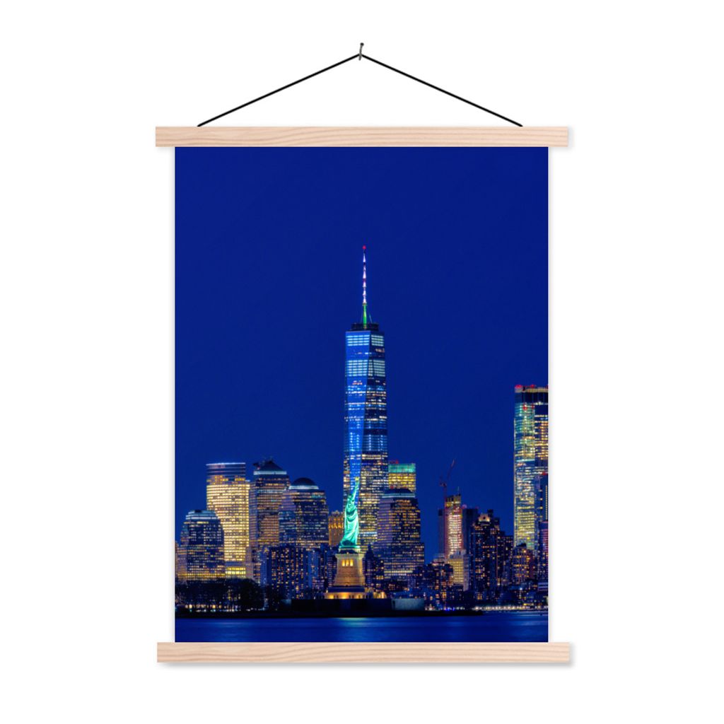 MuchoWow Textilposter Freiheitsstatue mit NY-Skyline 40x53 cm mit holzfarbenen Rahmen - Schlafzimmer