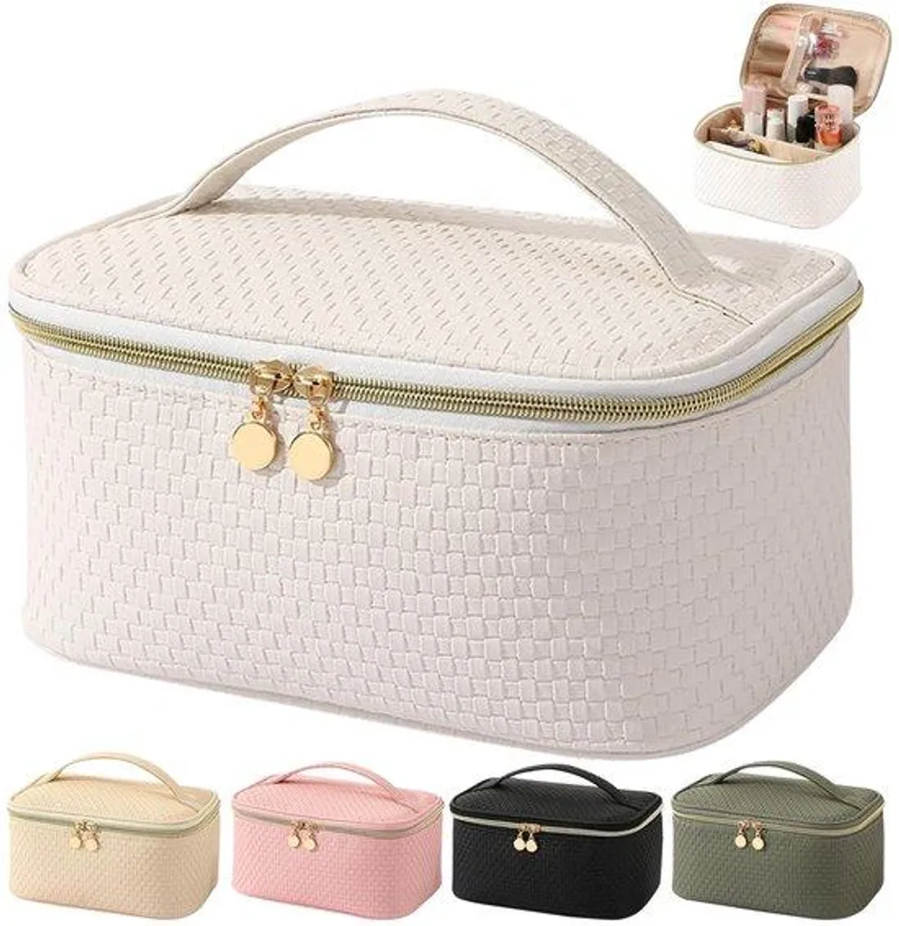 Grande trousse de toilette femme imperméable en cuir blanc nacré chic