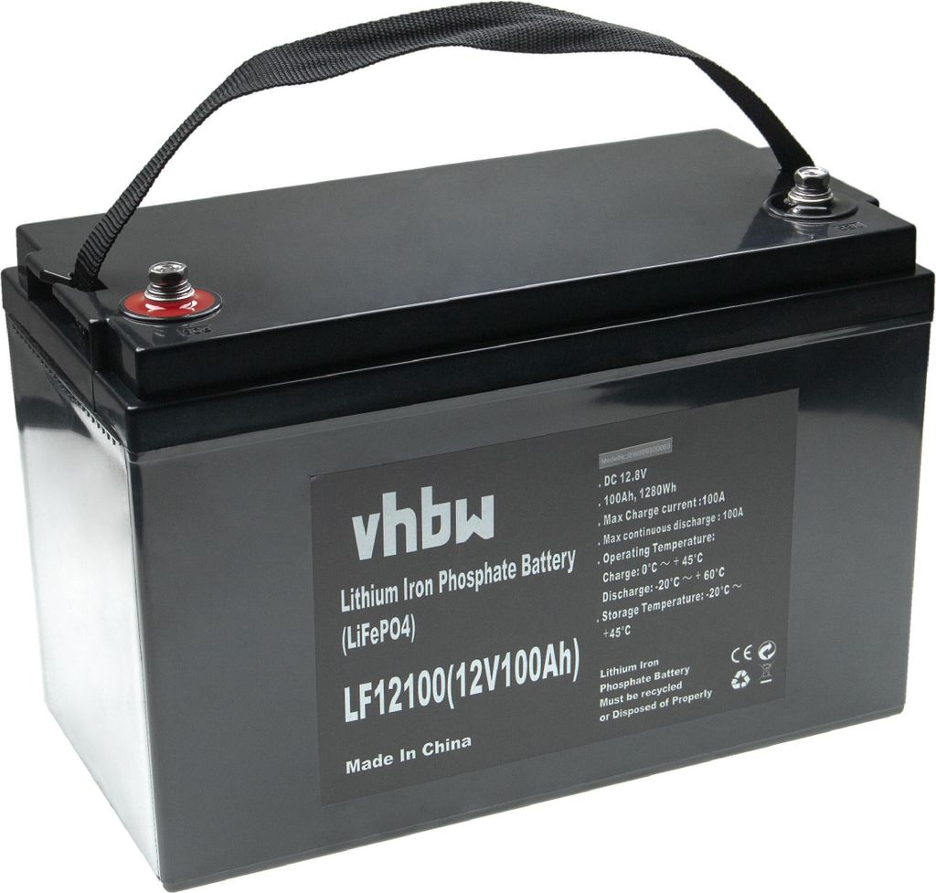 vhbw Akku Bordbatterie für Wohnwagen, Boot, Camping, Wohnmobil (100 Ah, 12,8 V, LiFePO4), 100A Ladestrom