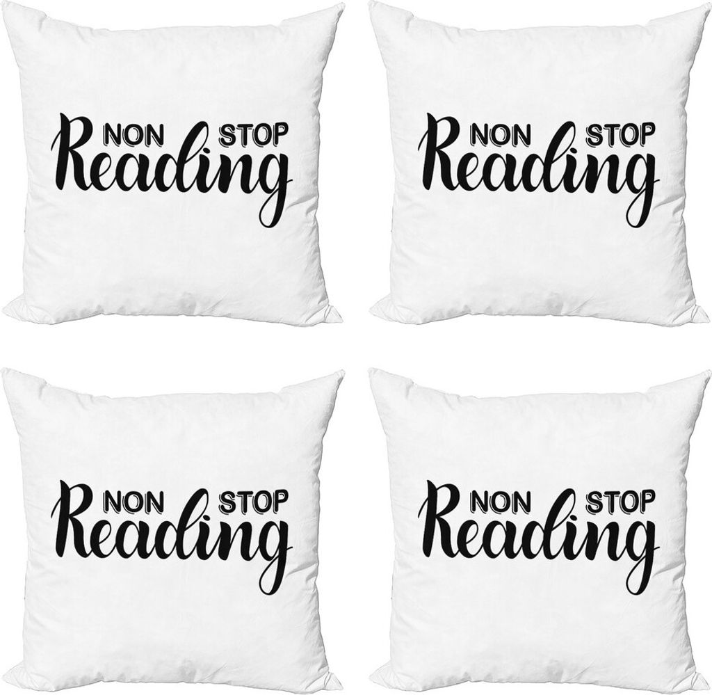 ABAKUHAUS Buch Kissenbezug Set (4 Stück), Non Stop Lese Theme, Moderner Doppelseitiger Digitaldruck, 60 cm x 60 cm, Schwarz-Weiss
