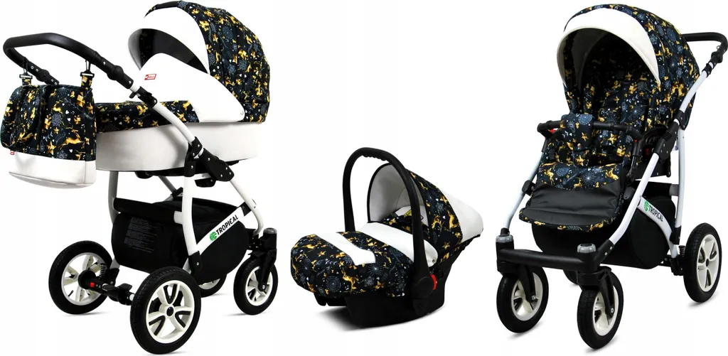 Poussette 3 en 1 combinée évolutive bébé motif tropical doré