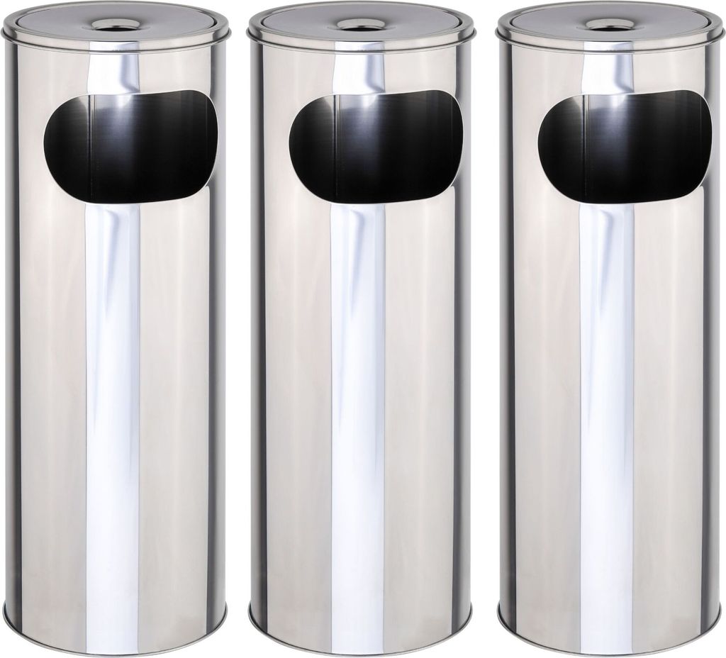 Novaliv 3x Standaschenbecher für draußen Edelstahl Silber 58 cm hoch 21cm Ø 2in1 für Müll- und Zigarettenabfälle outdoor Aschenbecher für dr...