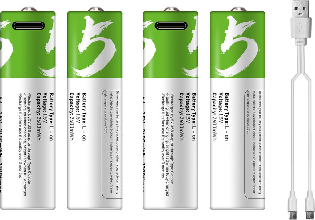 Wiederaufladbare AA Lithium-Batterie 1.5V – 2600mWh, Typ-C Ladeanschluss, konstante Spannung, umweltfreundlich, für Spielzeug & Türklingel