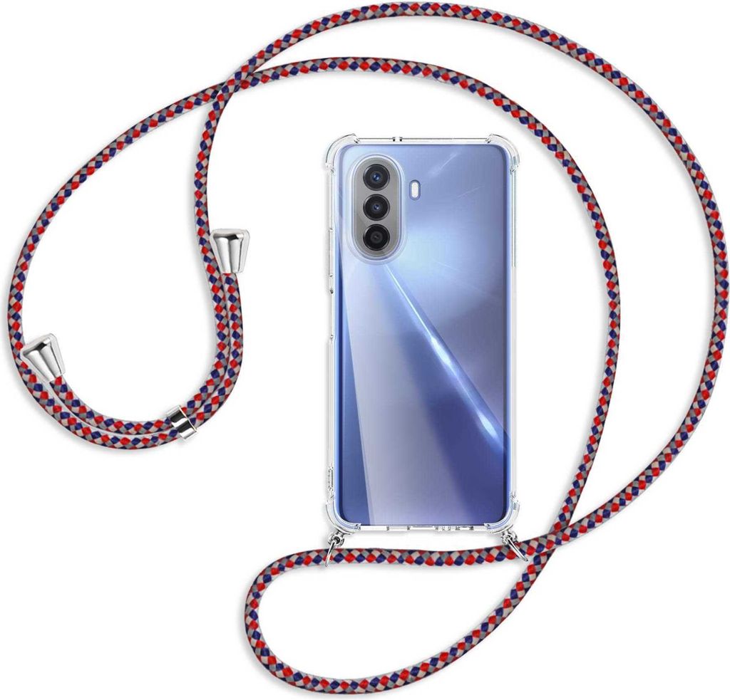 Handykette Backcover-Schutzhülle mit Band (Metall silberfarben) für Huawei nova Y70 4G (MGA-LX9) - silber/blau/rot