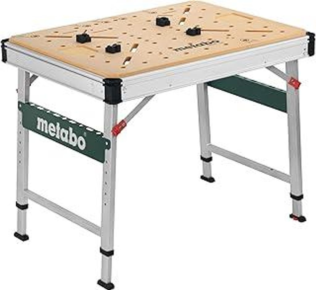 Metabo MWB 100 Multifunktionstisch – klappbare Werkbank mit Transporthandgriffen, höhenverstellbaren Beinen und Nivellierfuß, inkl. Zwingen, Ba...