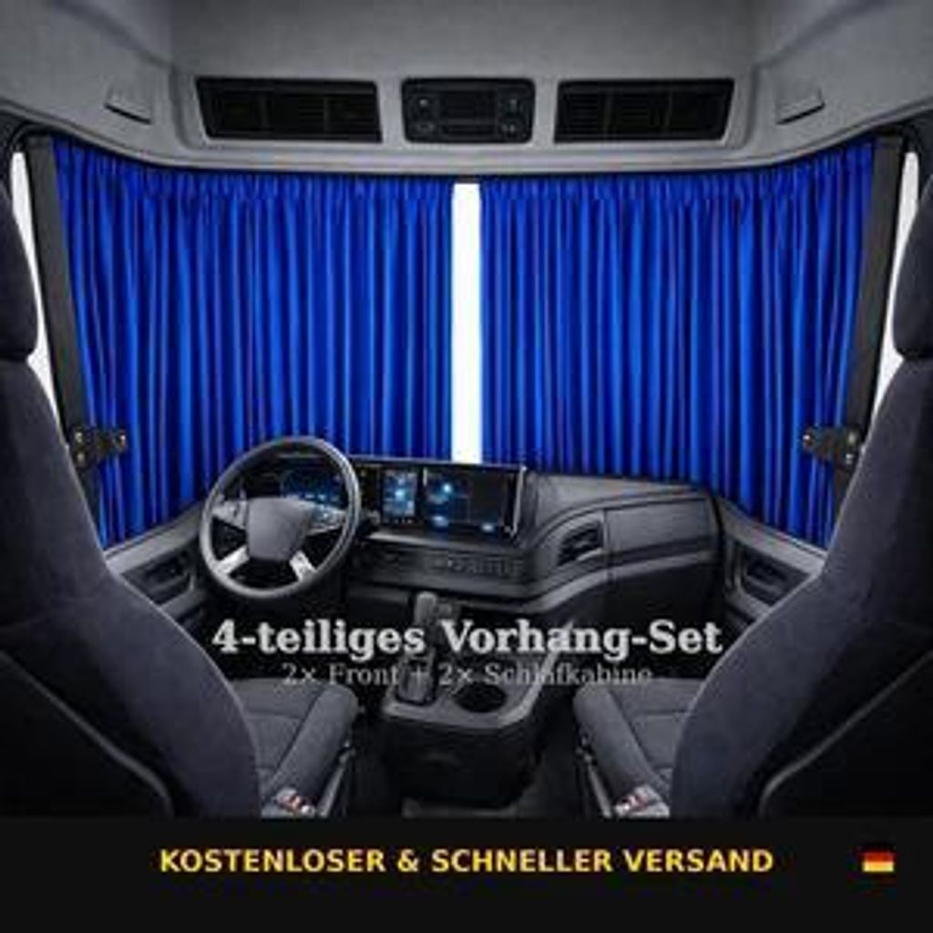 LKW Gardinen Volvo Vorhänge 4tlg für Frontscheibe & Schlafkabine Blau Schwarz