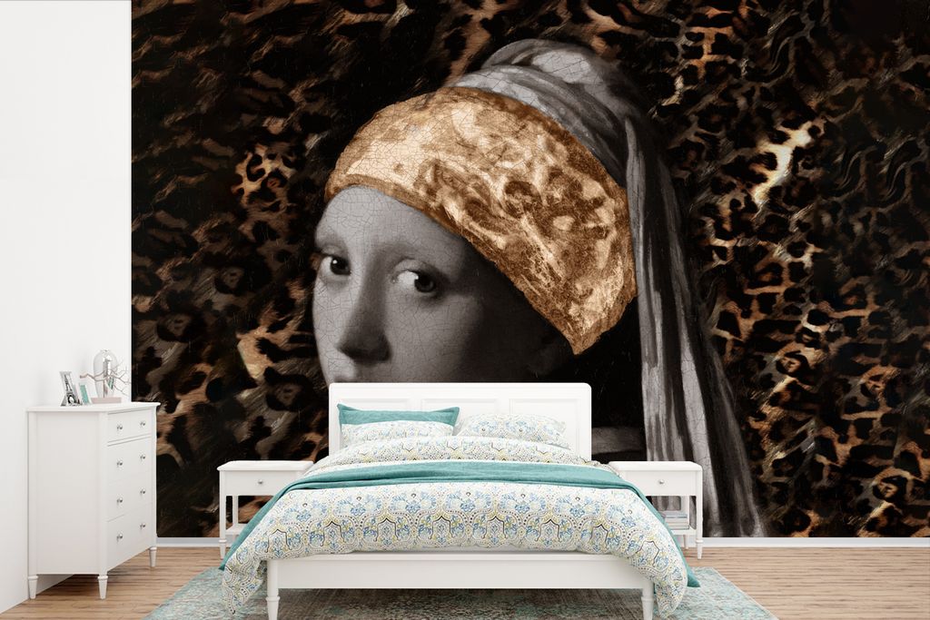 MuchoWow Fototapete für Wohnzimmer oder Schlafzimmer Wandtapete Vinyl Motivtapete Das Mädchen mit dem Perlenohrring - Design - Panther - 420x28...