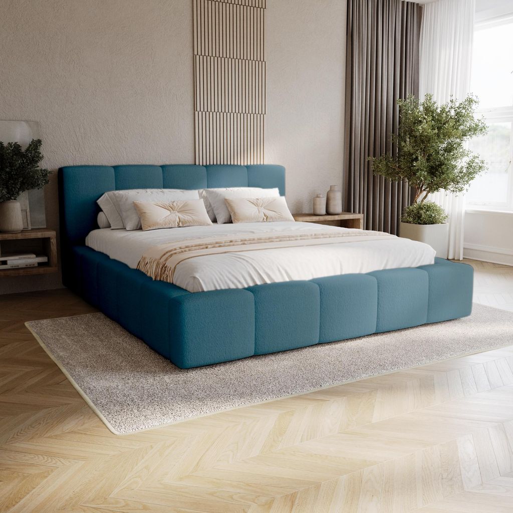 Chilly Palermo Elegant Polsterbett 200×200 – Bouclé Stoff Blau, mit Stauraum Holzrahmen