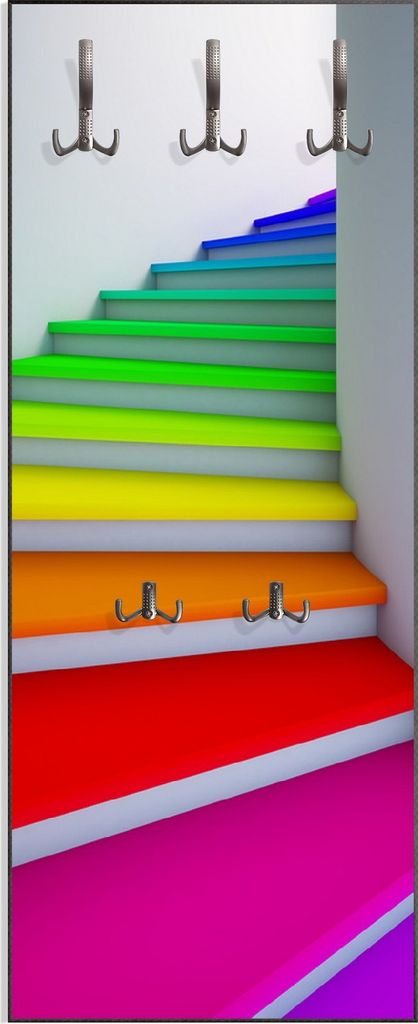 Wallario Flurgarderobe Wandgarderobe aus Holz, mit 5 Haken, Größe 50 x 125 cm, Motiv Bunte Treppe