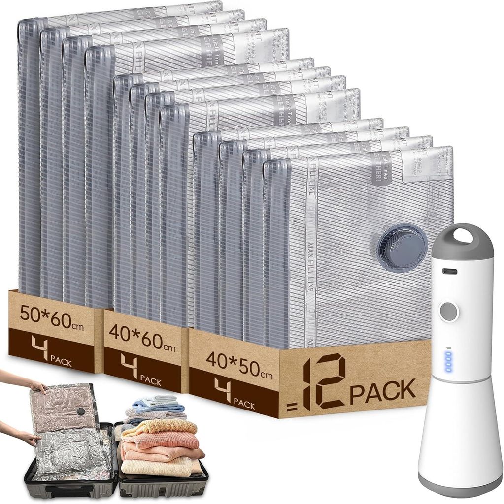 A display of vacuum seal bags and a vacuum pump, with a suitcase and folded clothes in the foreground.