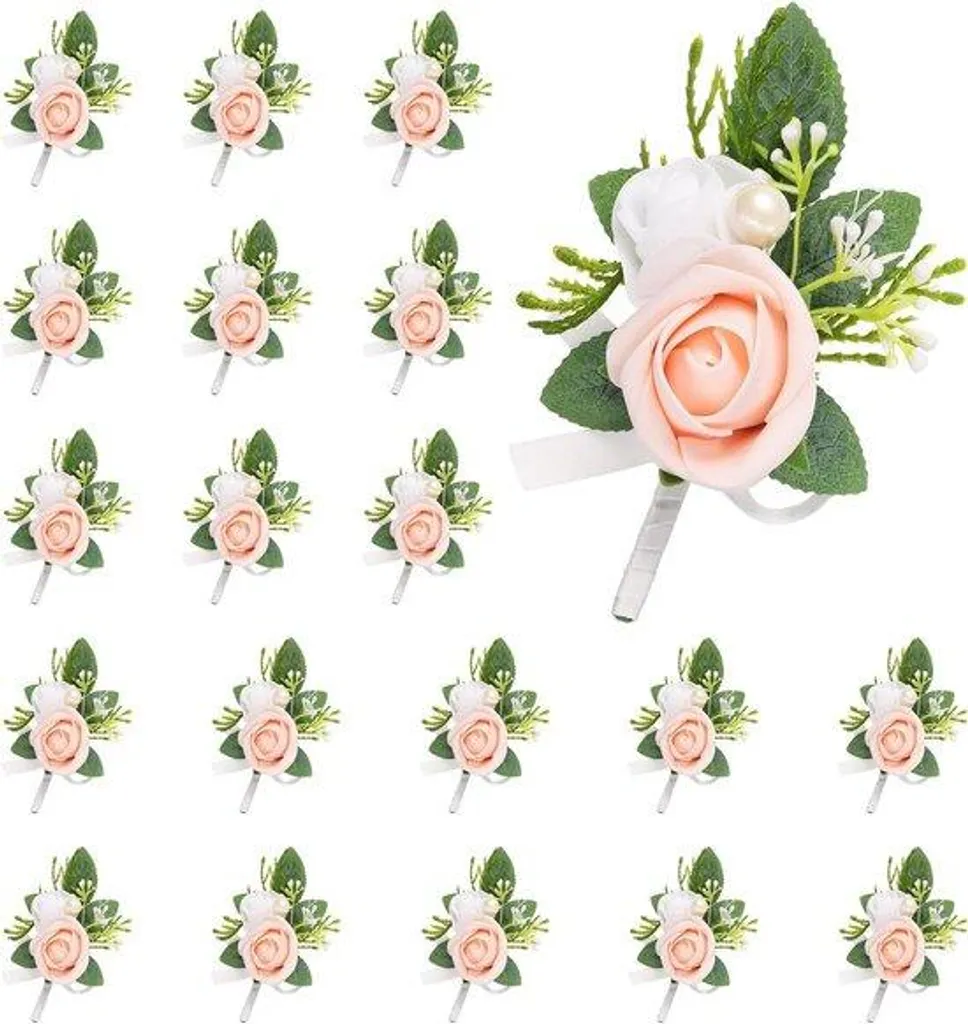 Boutonnière homme rose artificielle lot de 20 pour cortège et mariés