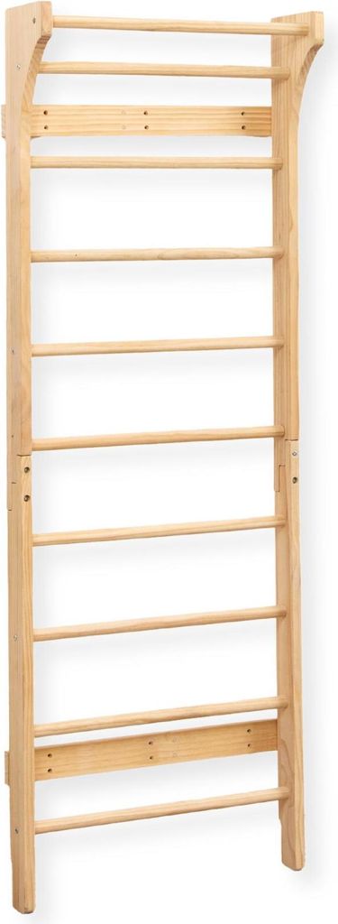 A wooden climbing wall with horizontal bars against a white background.