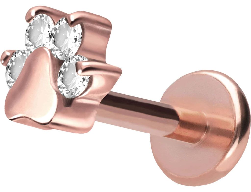 Ohrpiercing, Nasenpiercing Titan Labret mit Push Fit KRISTALLPFOTE RoséGold Stablänge: 10mm | Stabstärke: 1mm