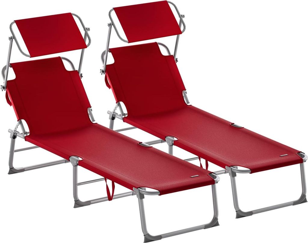 Two red sun loungers with gray frames and adjustable headrests are shown against a white background.